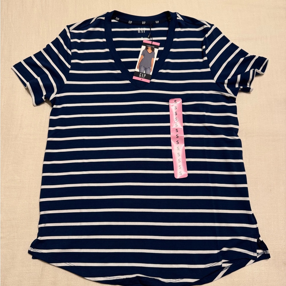 GAP Blue and White Striped V-Neck Tee